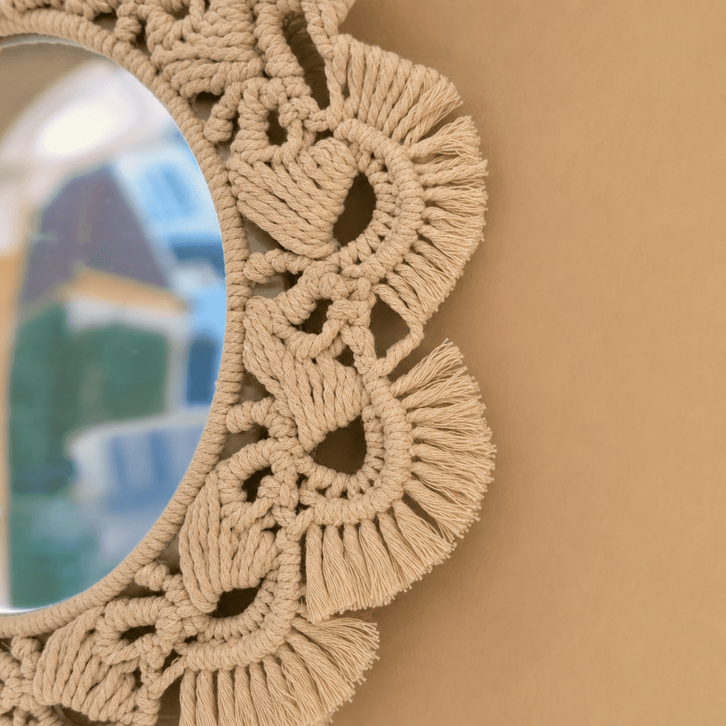 Miroir Macramé Mandala 12 Pétales Crème